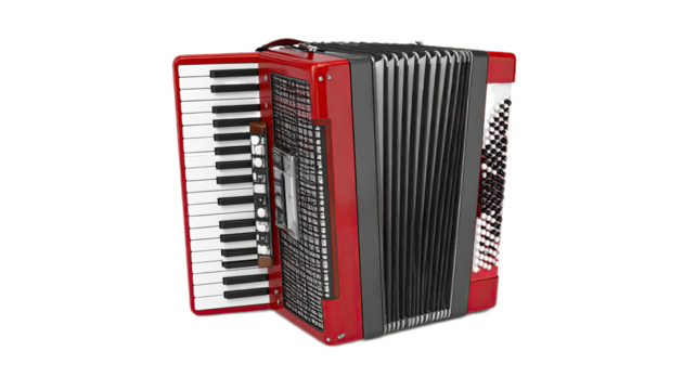 A red accordion with white keys and black accents is prominently displayed against a black background.