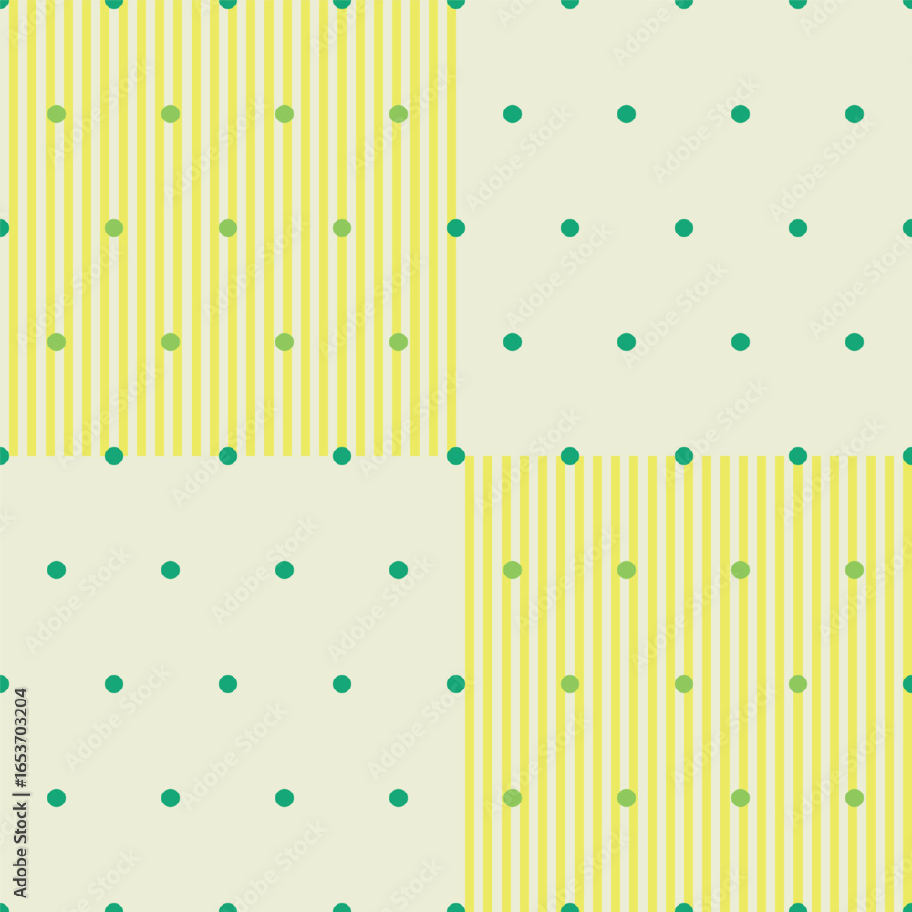 Poster seamless pattern combining stripes and polka dots in alternating square blocks with yellow, green, a
