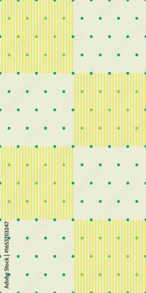 Poster seamless pattern combining stripes and polka dots in alternating square blocks with yellow, green, a