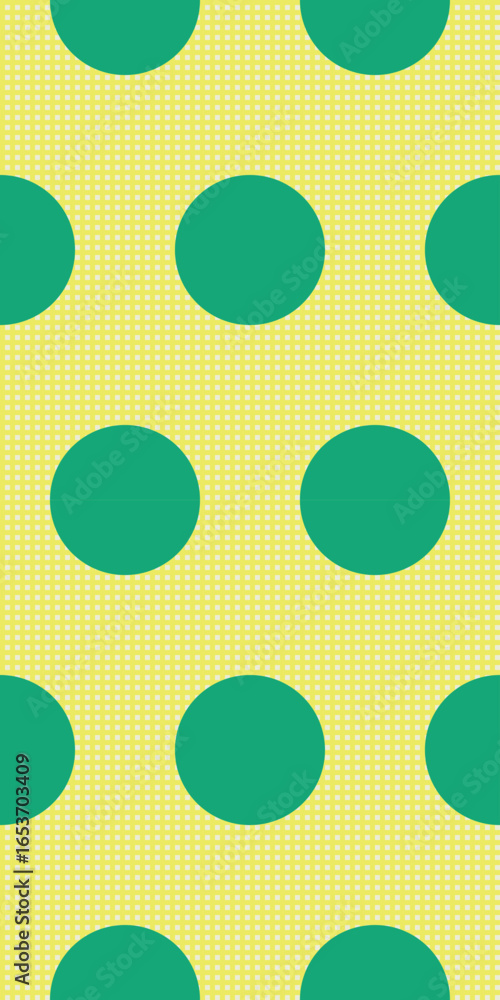 Poster seamless vector pattern with large green polka dots on detailed yellow grid background, vibrant geom