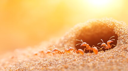 Ants emerging from a sandy mound in warm sunlight