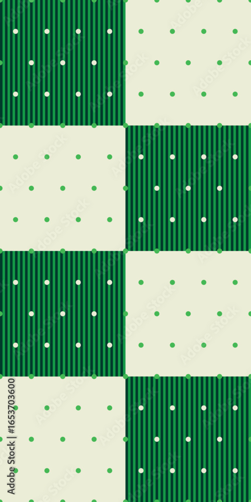 Poster seamless vector pattern with alternating green striped and cream squares covered in green and white 
