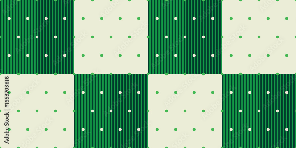 Poster seamless vector pattern with alternating green striped and cream squares covered in green and white 