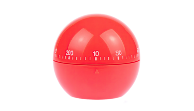 A vibrant red spherical timer displays a clean, minimalist design.