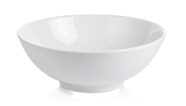 A round, glossy white ceramic bowl with a subtly flared rim and a slightly raised base, showcasing a smooth surface and clean aesthetic.