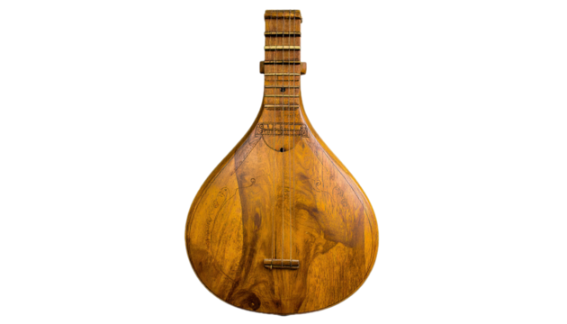 A detailed close-up of a  antique wooden stringed instrument, showcasing its rich, warm tones and intricate wood grain.