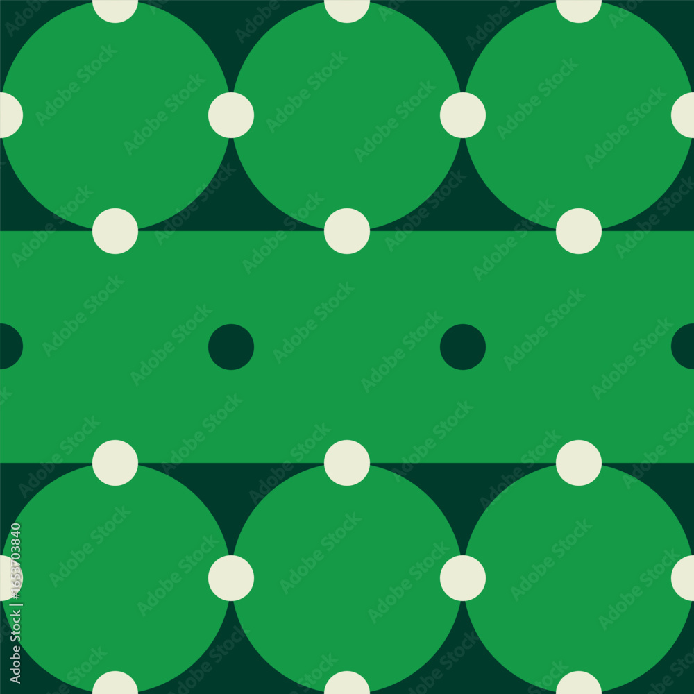 Poster seamless vector pattern with large green circles and small beige dots on dark background, geometric 