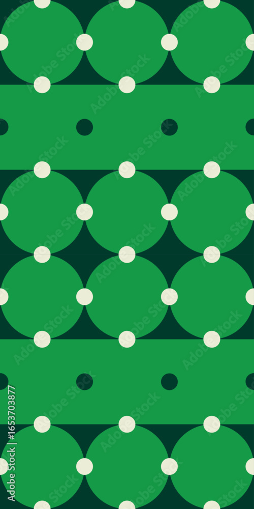 Poster seamless vector pattern with large green circles and small beige dots on dark background, geometric 