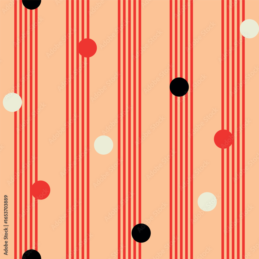 Poster seamless vector pattern with red vertical stripes and multicolored dots on peach background, retro a
