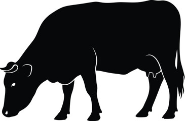 Black silhouette of a cow grazing, depicting a farm animal or livestock in a minimalist style.