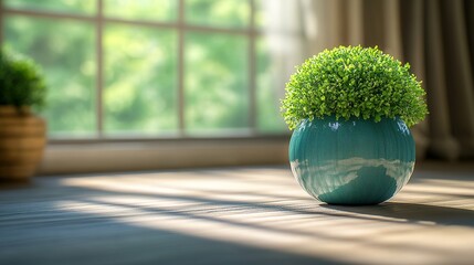 Green plant in a blue pot on a table near a window.