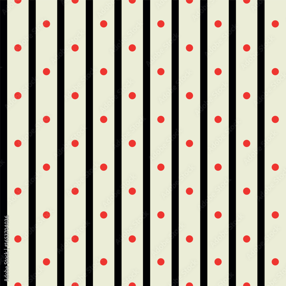 Poster seamless vector pattern with vertical black stripes and red polka dots on beige background minimal m