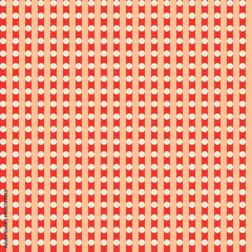 Aufkleber seamless vector pattern with vertical red stripes and white polka dots on peach background vibrant f