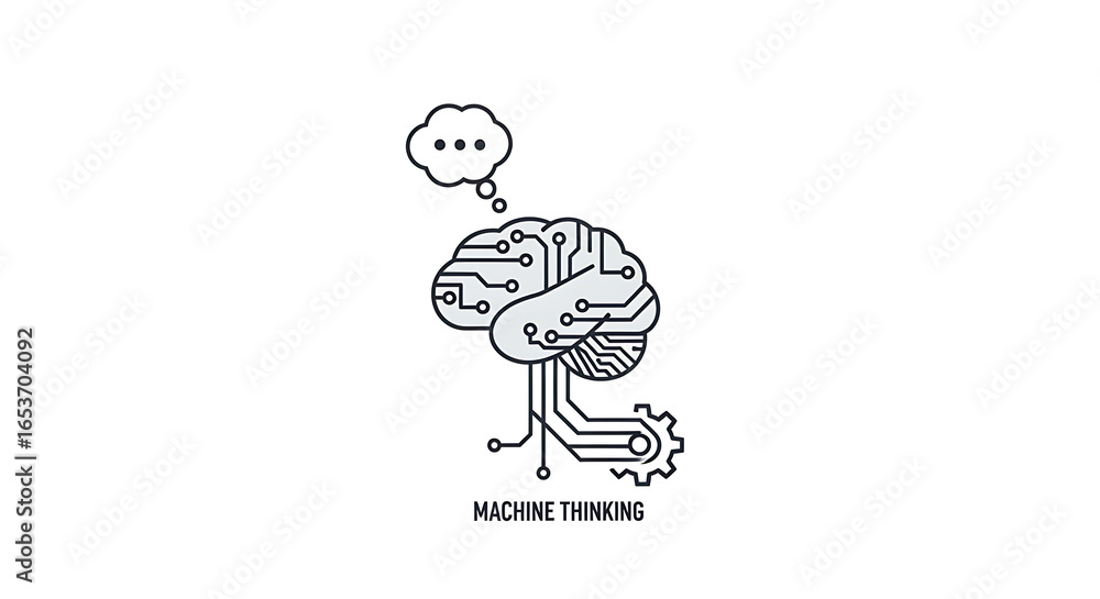 Aufkleber stylized illustration of a brain with circuit patterns and a thought bubble above it on white ai gen