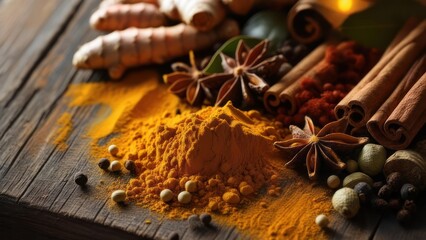 Assorted spices on rustic wood