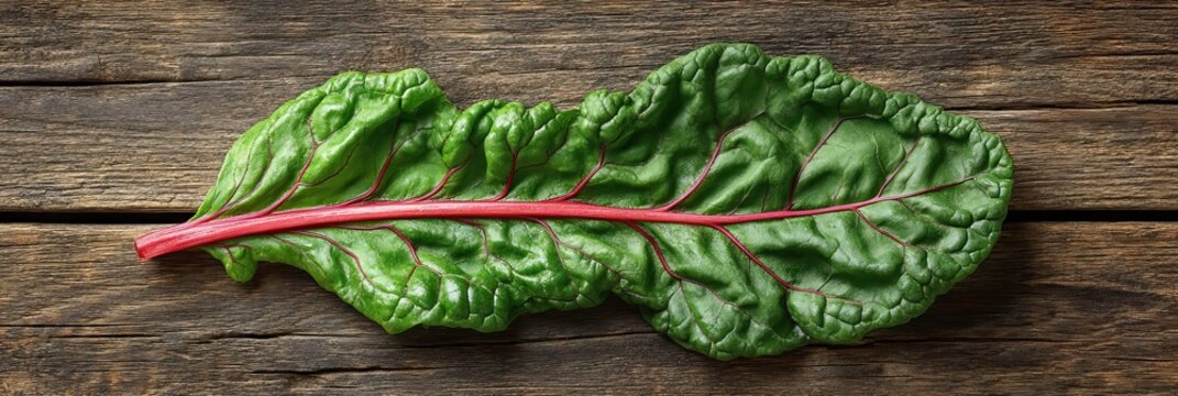 A single vibrant green leaf of fresh Swiss chard rests on a rustic wooden surface