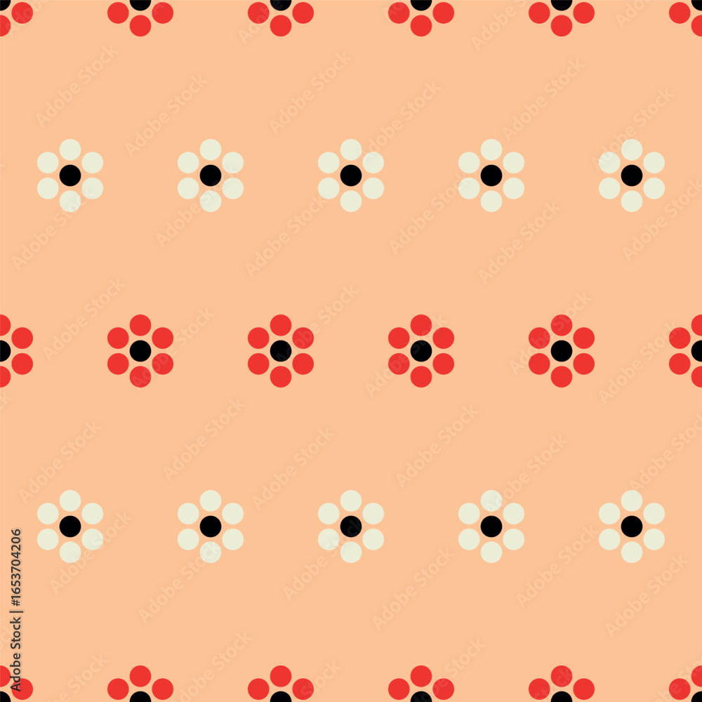 Poster seamless vector pattern with alternating red and white flower shapes on peach background playful ret