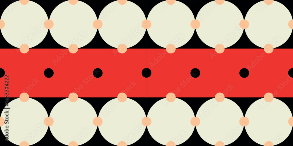 Poster seamless vector pattern with cream circles and orange dots on black and red background in geometric 