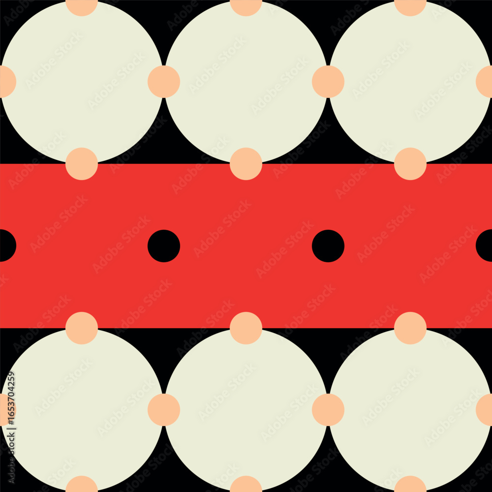 Poster seamless vector pattern with cream circles and orange dots on black and red background in geometric 