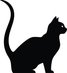 Black silhouette of a domestic cat sitting with its tail curved upwards, looking to the right.