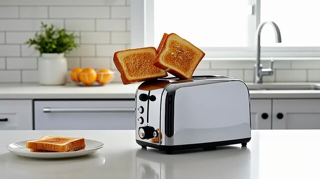 A shiny toaster with golden-brown toast popping up in a bright kitchen with fresh oranges in the background