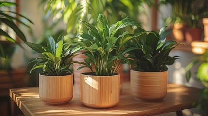 Three green plants in wooden pots sit on a wooden surface indoors.