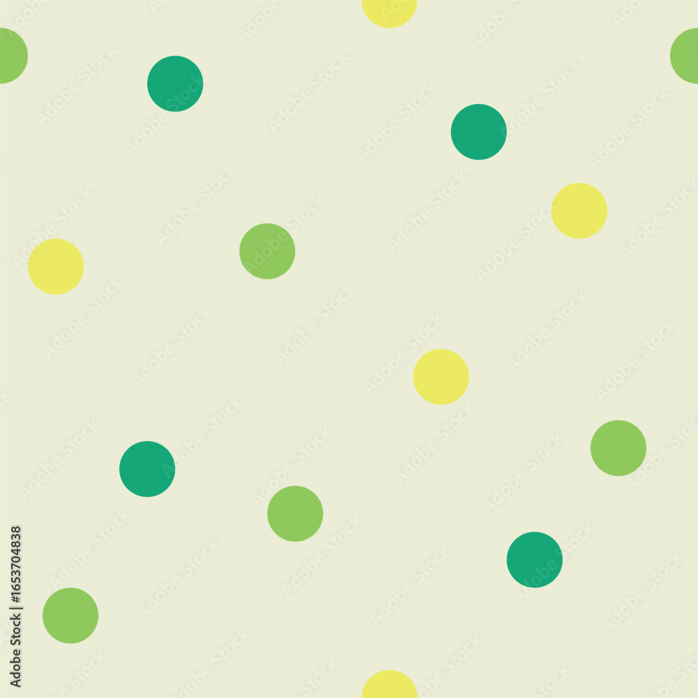 Poster seamless vector pattern with scattered colorful dots in green yellow and teal on soft cream backgrou