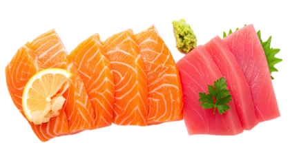 Freshly sliced salmon and tuna sashimi, displayed against a black background, with garnishes and lemon, showcasing vibrant colors and appetizing presentation.