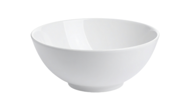 A glossy, round, white ceramic bowl with a gently sloping rim is presented against a black background.
