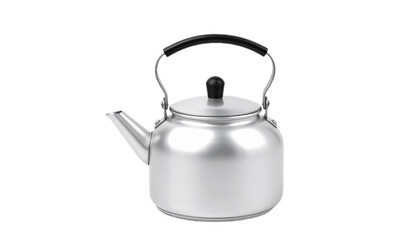 Obraz premium A polished, metallic-gray kettle, featuring a simple, functional design, stands out against a solid black background.