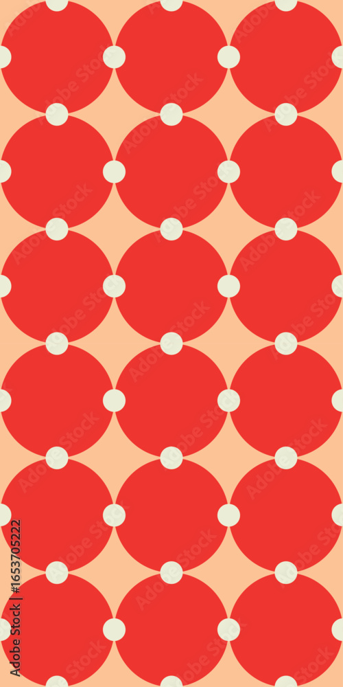 Poster seamless vector pattern with large red circles and small white connecting dots on peach background m