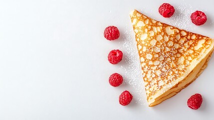 Delicious crepe with fresh raspberries on a white background