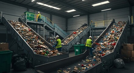 Recycling workers sorting waste on conveyor belts in a modern facility, showcasing sustainable operations and environmental responsibility