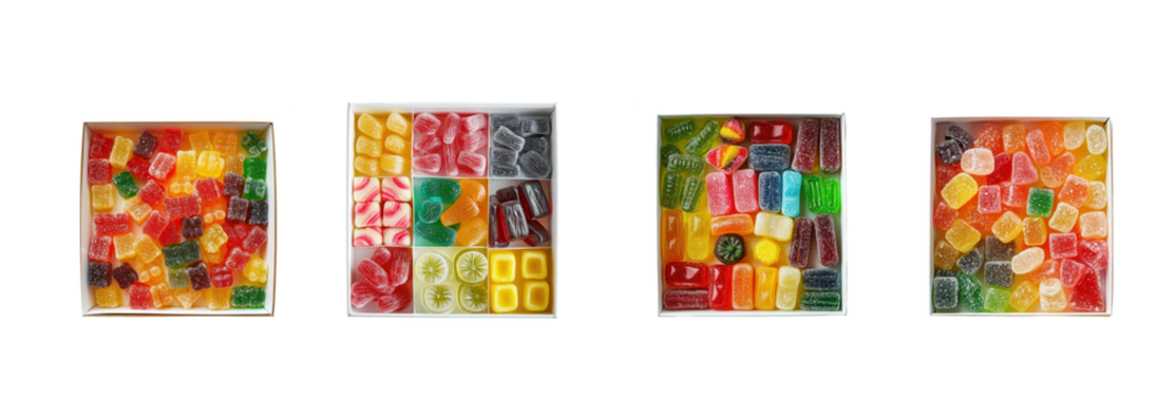 Four colorful boxes of assorted candies, each containing a different assortment of candies.