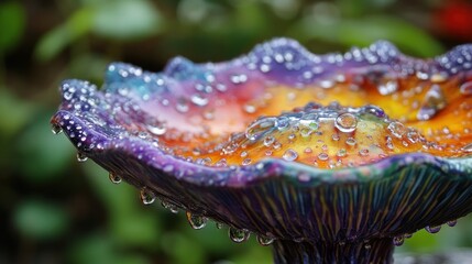 Colorful rain garden bird bath, wet with rain drops, vibrant background
