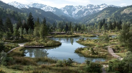 Fototapeta premium A serene, natural landscape with a winding river, lush greenery, and majestic mountains in the background. The scene is bathed in soft, natural light, creating a tranquil and peaceful atmosphere.