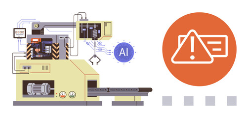 Industrial machine with AI components and alert icon emphasizing automation and workplace safety. Ideal for AI, automation, technology, factory, industry, safety, industrial innovation themes. Simple