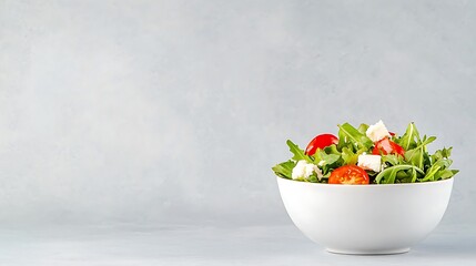 Fresh garden salad with tomatoes and feta cheese in a white bowl