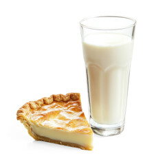 A slice of pie next to a glass of milk on a white background.