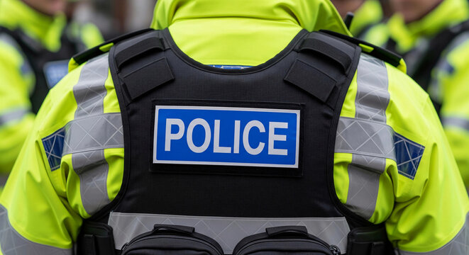 A close-up of a police officer's back, showing a high-visibility vest and a "POLICE" badge. This image represents law enforcement, security, and public service.