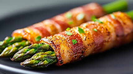 Delicious bacon wrapped asparagus spears with garnish