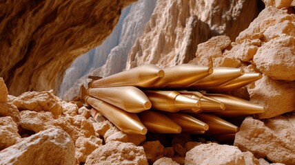 Golden metallic rods stacked in rocky cave, surrounded by rugged stone formations, creating mysterious and intriguing atmosphere