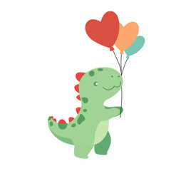 Cute dinosaur holding heart balloons, adorable cartoon illustration for Valentine, love, children’s decoration, playful design, and festive celebration.
