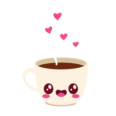 Cute coffee cup illustration with pink hearts, kawaii cartoon design for Valentine, romance, festive love, greeting, and adorable warm beverage.

