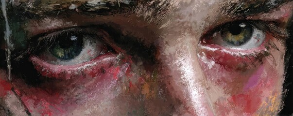 Fototapeta premium Swollen bags under circles and irritation concept. A close-up of expressive eyes conveying deep emotions and stories.