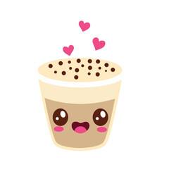 Cute kawaii coffee cup with smiling face and pink hearts, adorable cartoon illustration for Valentine, love, café, and festive design.
