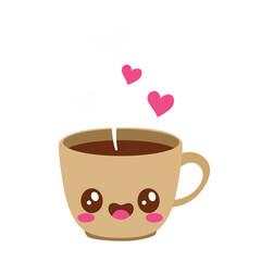 Kawaii coffee mug with pink hearts, romantic cartoon illustration symbolizing love, warmth, Valentine’s Day, festive drinks, and cute design.
