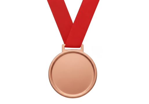 Bronze medal with red ribbon isolated on transparent background