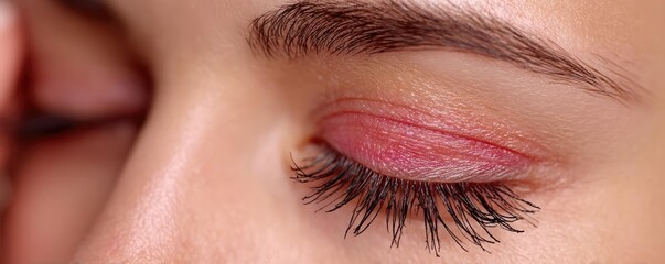 Swollen lashes and fatigue with visual concept. Close-up of a woman's eye showcasing beautiful makeup artistry.