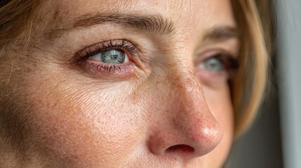 Naklejka premium Swollen bags under circles and irritation concept. Close-up portrait focusing on a woman's expressive eyes.